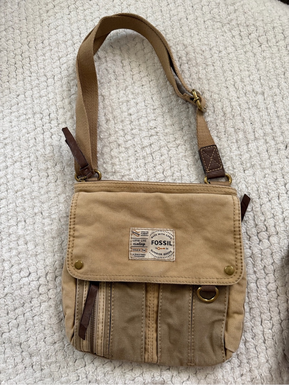 Fossil Beige/Tan Canvas Messenger Crossbody